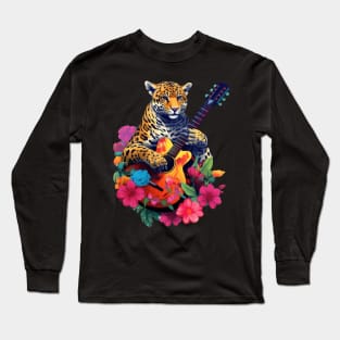 Cute Cheetah Playing Guitar Floral Long Sleeve T-Shirt